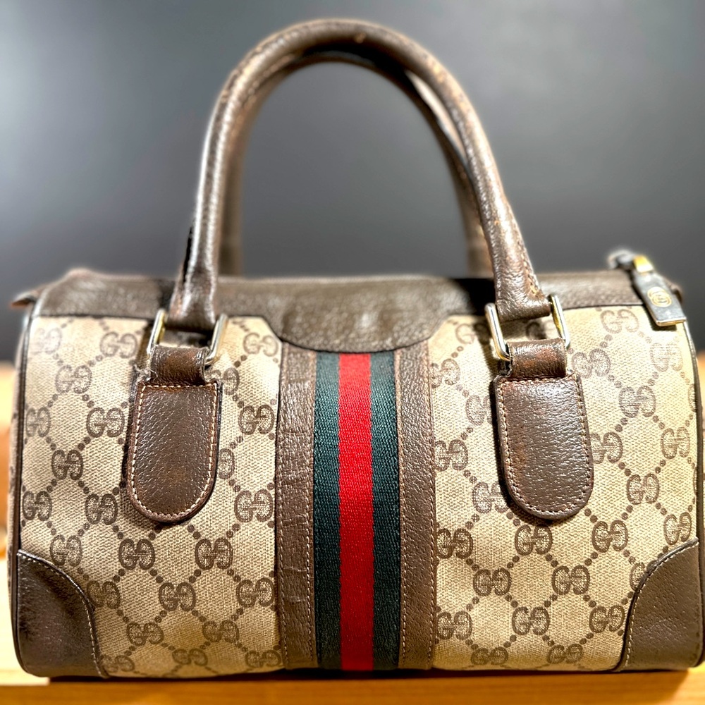 Vintage Gucci Boston Handbag. Monogram Canvas/Leather Trim.